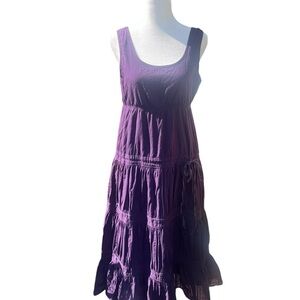 Theory Purple Ruffled Tiered Cotton Midi Dress Boho Prairie Size Medium‎
